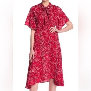 Red Max Studio Tie Neck Flutter Sleeve Handkerchief Hem Midi Dress Size Large